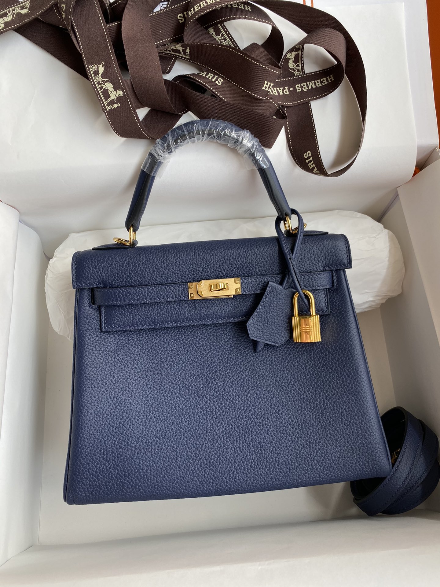 Hermes Kelly 25cm Handbag Shoulder Bag in Blue Nuit Togo Leather